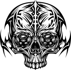 SVG illustration of a mechanical skull. Skull and Wrench Design with Tribal Elements for Graphics