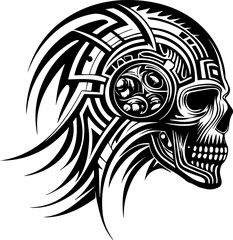 SVG illustration of a mechanical skull. Dark Skull with Gears and Chains for Edgy Designs