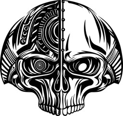 SVG illustration of a mechanical skull. Intricate Skull Design with Warrior Helmet and Axe