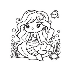 Mermaid kawaii cute cartoon coloring page hand drawing illustration