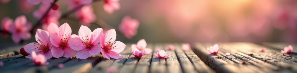 Obraz premium Pink cherry blossoms arranged on weathered wood, sunlit garden bokeh , photography, floral, light