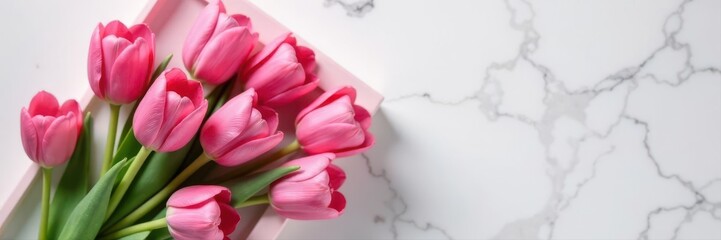 Fototapeta premium Pink tulips bouquet, gift box, marble Valentine's Day , fresh, blossom