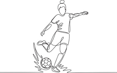 Fototapeta premium One line drawing of a female footballer in action, kicking a ball with strong dynamic motion lines, minimal and energetic line art