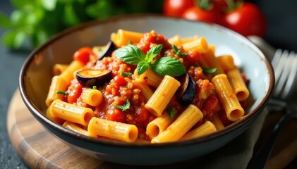 Rigatoni pasta, chicken, eggplant, tomato sauce Bowl of Italian comfort food , easy, vegetables