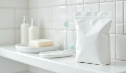 White paper pouch on ceramic bathroom shelf