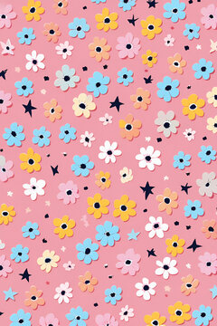 Cheerful Floral Pattern on Pink Background &ndash; Pastel Flowers & Whimsical Stars Design for Wallpaper or Fabric