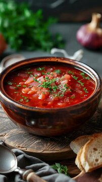 Traditional Ukrainian borscht. A bowl of beetroot borscht with white cream.