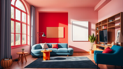 A Stylish and Modern Living Room Interior Design with Red and Pink Walls