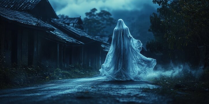 Ghostly figure wanders abandoned village mysterious atmosphere nighttime eerie setting haunting concept