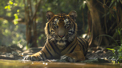 A tiger lying down in shallow water looking directly at the camera with a forest background behind it