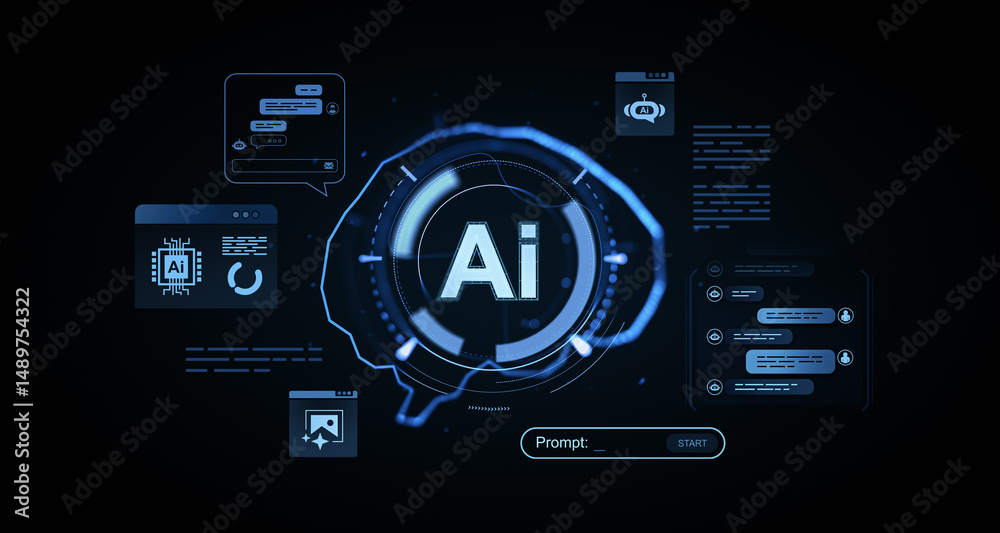 Aufkleber futuristic user interface with ai chatbot icons and virtual interface elements in neon blue digital 
