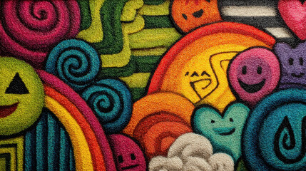 Vibrant Glitter Doodle Background with Swirls and Smiley Faces