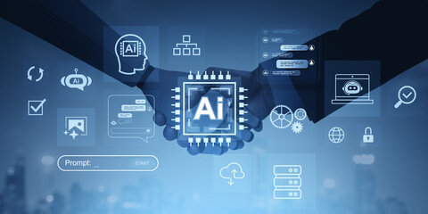 Business handshake with AI technology icons and digital interface elements on blue background...