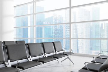 Modern airport terminal interior with empty seating and panoramic city view through large glass windows. 3D Rendering