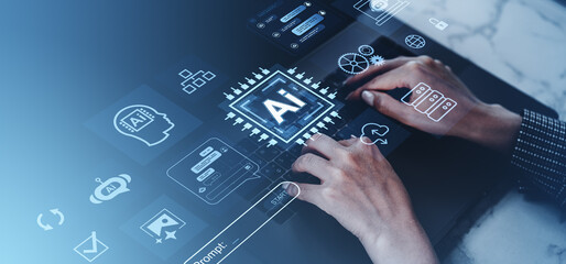 Human hands typing on laptop with futuristic AI interface and digital icons overlay on blue gradient background representing modern technology concept.