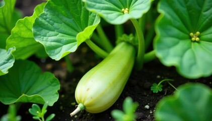Obraz premium Young squash plant, vibrant green leaves, garden bed overhead view , green, nature, plants