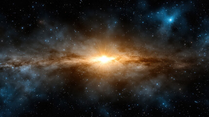 Naklejka premium Stunning cosmic scene featuring bright starburst center of swirling galaxy, surrounded by vast