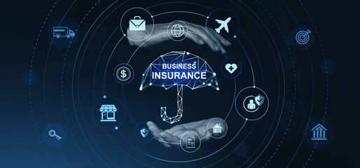 Business insurance concept with digital umbrella and icons representing protection for various sectors held by hands on futuristic blue background.
