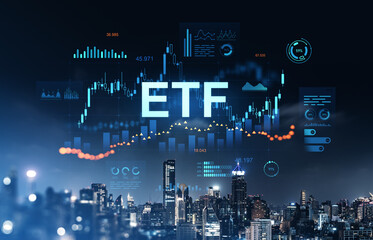 ETF financial graph and data analytics over Bangkok city skyline at night.