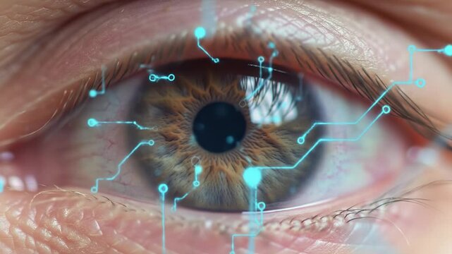 Close examination reveals the complexity of the human eye, featuring detailed textures and colors complemented by a digital design. Discover how technology enhances our understanding.