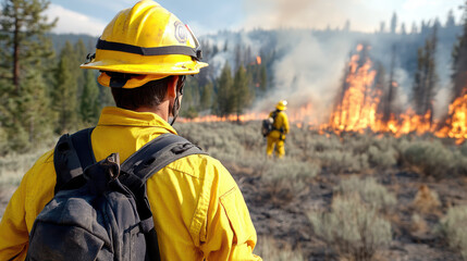 Firefighter battling wildfire in scorched landscape, focused on flames and smoke