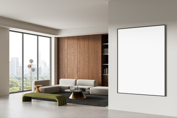 Modern interior living room with blank poster frame, city view through large windows, and minimalist furniture in neutral tones and wood accents. 3D Rendering