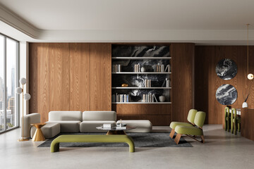 Modern interior living room with minimalist furniture, wooden wall panels, abstract art, and city view through large windows. 3D Rendering. 3D Rendering