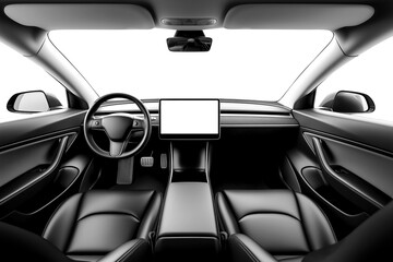 A car dashboard with an empty white screen, interior of a modern luxury car with black leather seats on transparent background