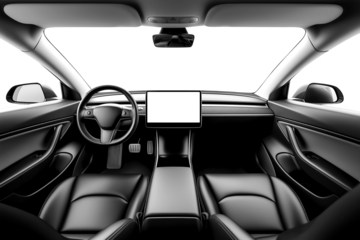 A car dashboard with an empty white screen, interior of a modern luxury car with black leather seats on transparent background