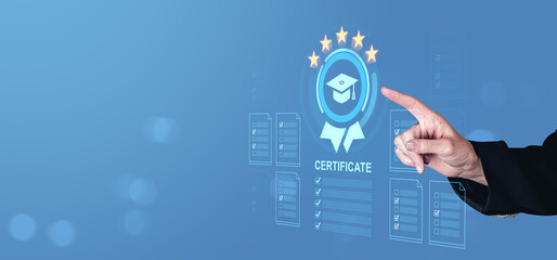 Hand touching digital certificate icon on transparent interface screen background.