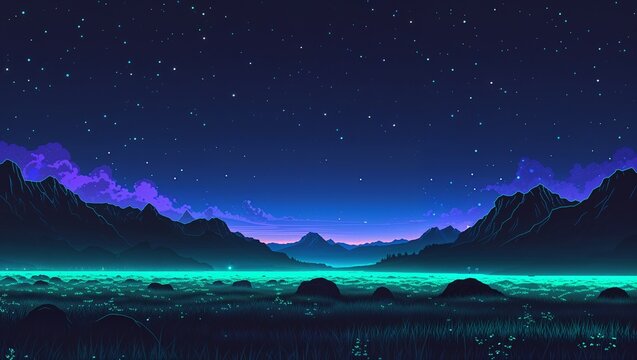 Trippy psychedelic nightscape glowing in the dark on plain dark background