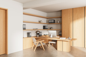 Modern minimalist office interior with wooden furniture, shelves, and computer desk in bright natural lighting and neutral tones. 3D Rendering