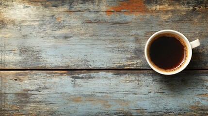 isolated coffee cup centered on plain wooden table aerial top down view minimalist composition balanced symmetry rule of thirds wide angle peaceful and calm feeling