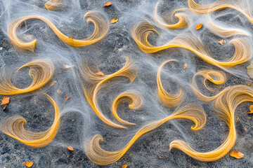 Fototapeta premium Artistic arrangement of flowing golden hair and delicate white veils creating a dreamlike abstract composition