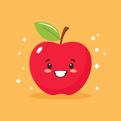 Red apple cartoon with big smile and leaf. Designed for educational media and cheerful children illustrations