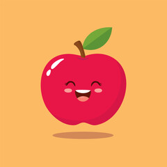 Red apple cartoon with big smile and leaf. Designed for educational media and cheerful children illustrations