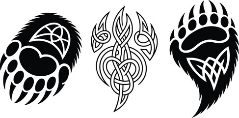 Tribal Bear Paw Print Vector Set, Tattoo Style Claw Symbol Clipart Design