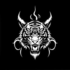 Fototapeta premium Tiger Head: A fierce monochrome illustration depicts a snarling tiger head with stylized horns and swirling flames, conveying power and aggression.
