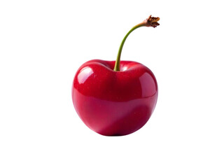Single Bright Red Cherry on transparent background, with Stem and Subtle Reflections