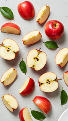 Fresh Red Apples and Slices with Green Leaves on Light Surface