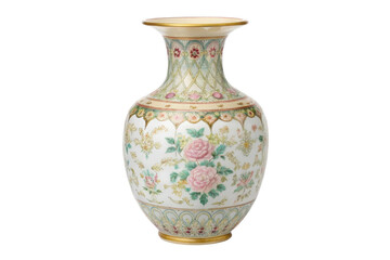 PNG Elegant floral ceramic vase with pink roses and gold detailing