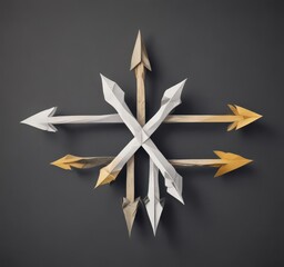 Intertwined paper arrows, contrasting directions, symbolic choice, origami, paper craft, journey