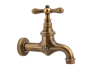 PNG Vintage brass water faucet with ornate design against black background