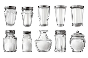 A collection of glimmering glass jars and containers with silver lids filled with glistening on transparent background