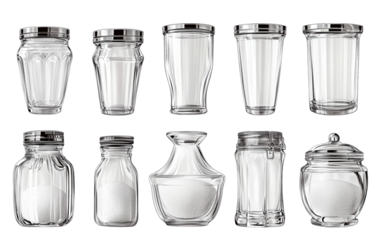 A collection of glimmering glass jars and containers with silver lids filled with glistening on transparent background