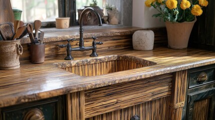 Rustic kitchen sink with dark wooden countertop and vintage faucet