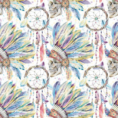 Native American Indian Skull in Feather Crown Headdress and dream catcher Hand Drawn Watercolor Illustration Isolated on White. Colorful Bird Feathers Roach, Plume seamless pattern for tribal design