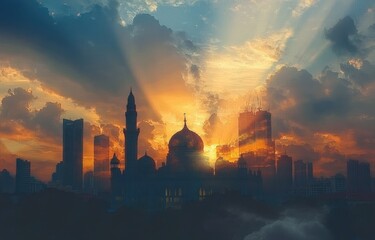 Fototapeta premium Majestic mosque at sunrise, silhouettes against a dramatic sky. Sunrise illuminates the city skyline