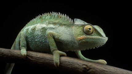 Obraz premium chameleon-textured skin and watchful eyes, perched prominently on a branch, with a dark background enhancing the bright green hues and intricate scale patterns