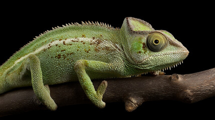 Obraz premium chameleon-textured skin and watchful eyes, perched prominently on a branch, with a dark background enhancing the bright green hues and intricate scale patterns